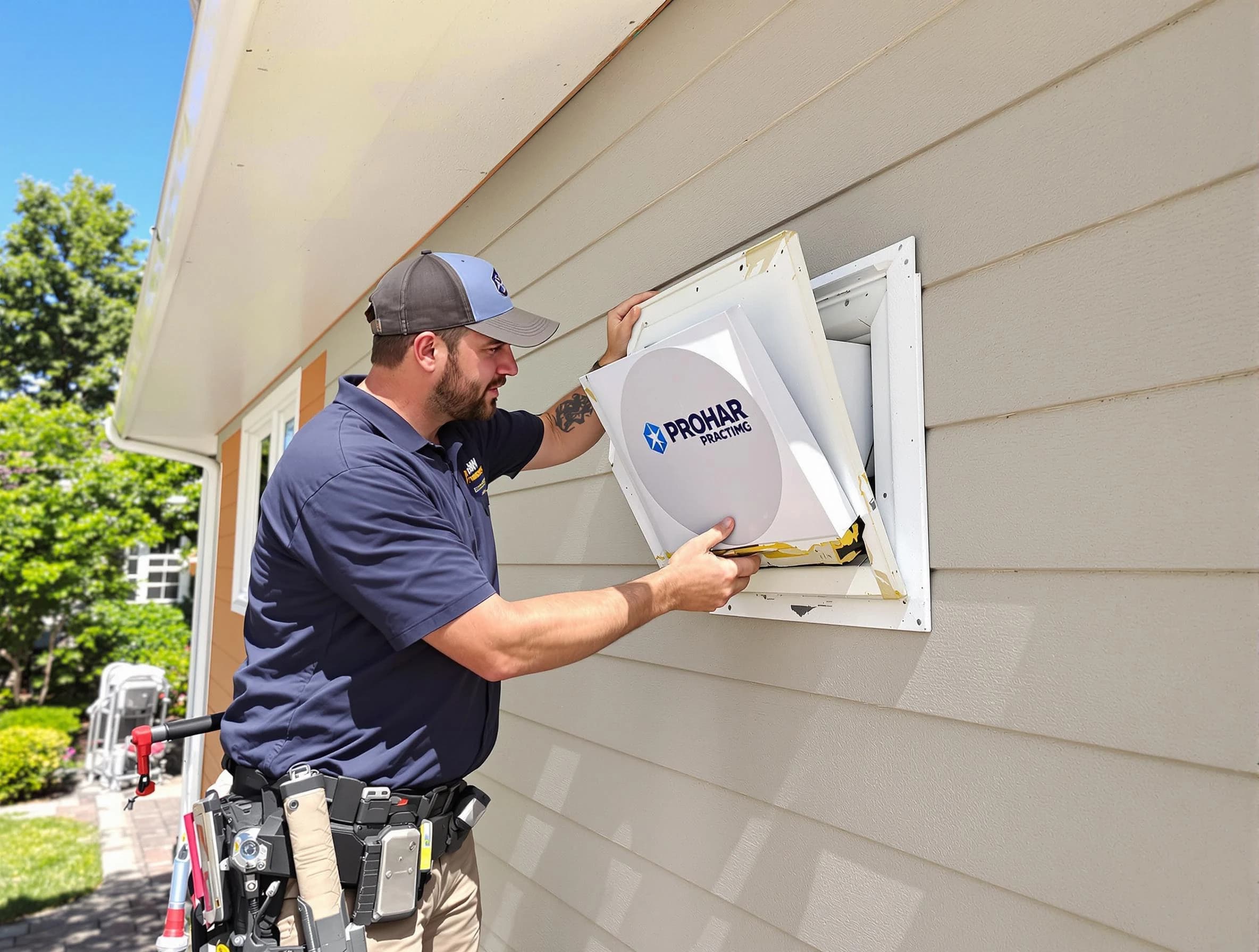 Park City Dryer Vent Cleaning technician installing a new protective dryer vent cover on a home in Park City