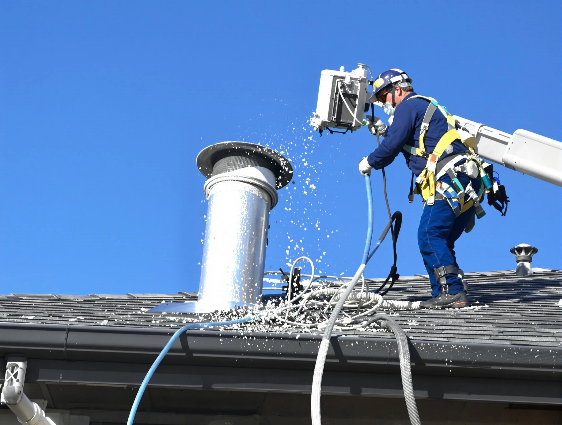 Park City Dryer Vent Cleaning certified technician safely cleaning a roof-mounted dryer vent in Park City